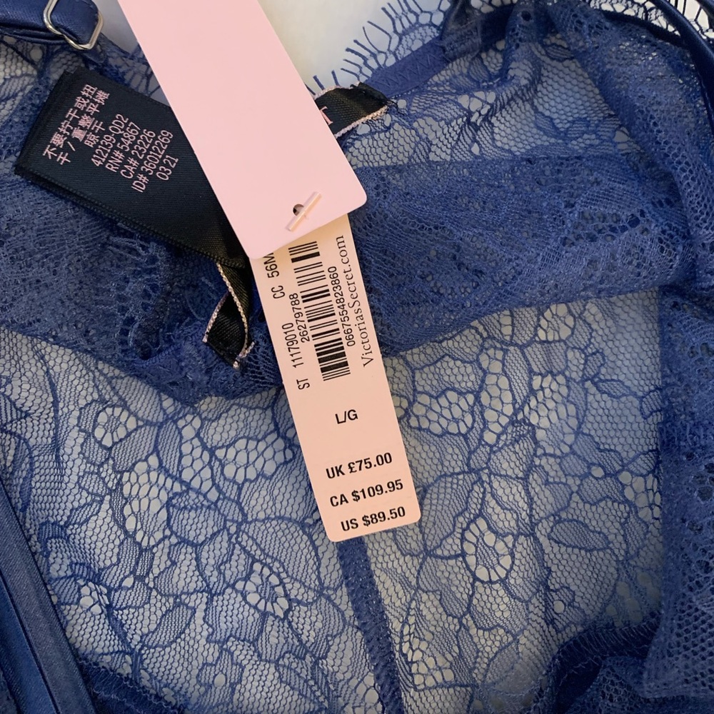 NWT VS LARGE NAVY BLUE LACE LINGERIE BABY DOLL SILK  SET WITH RHINESTONE DETAIL